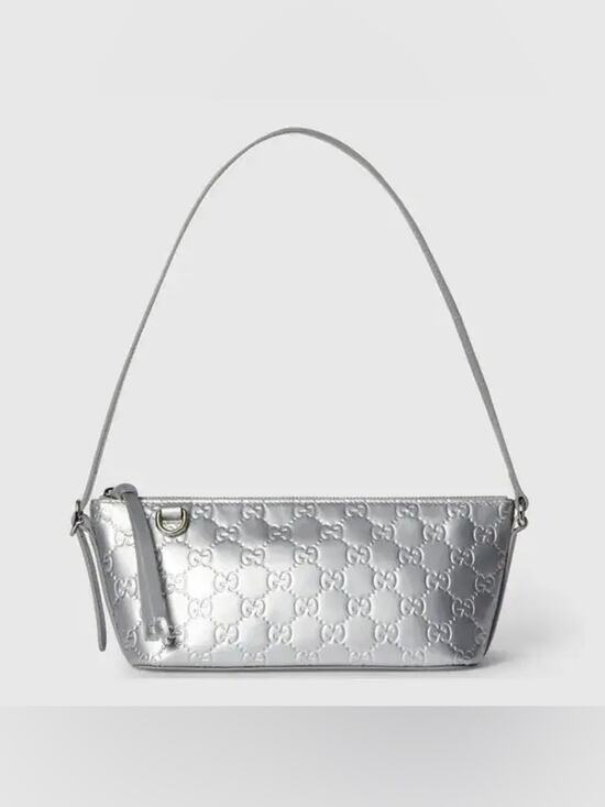 Gucci Handbags - Gucci GG Emblem Metallic Silver Shoulder Bag
